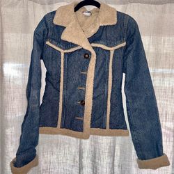 anchor blue Dark Blue Denim Jacket with Cream Sherpa Trim