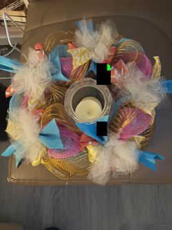 Handmade Deco Mesh Wreath with Candle Holder