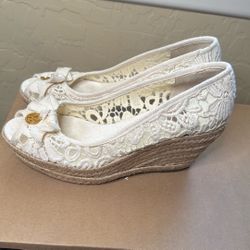 Tory Burch Ivory Crochet Wedge Heel Espadrilles Sz 8 1/2