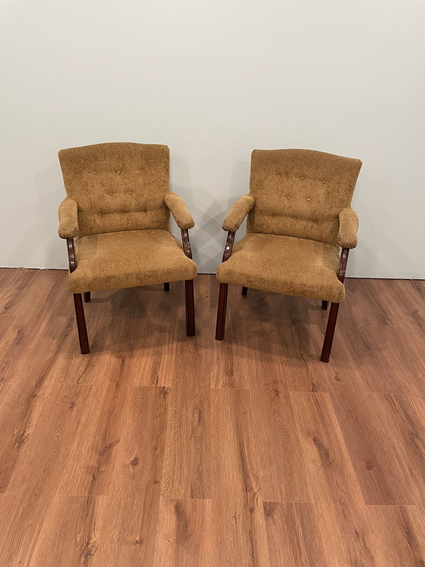 2 Matching Wood And Fabric Armchairs