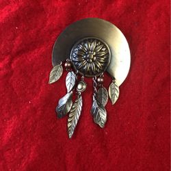 Large Bronze Tone Brooch With Dangling Leaves And Beads