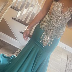  Beautiful luxurious long teal prom dress with rhinestone details  