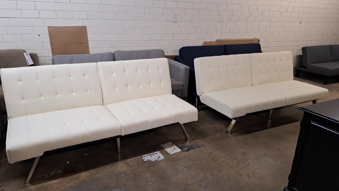 Get 2 Faux Leather Vanilla Color Futon Sofa Read Description 