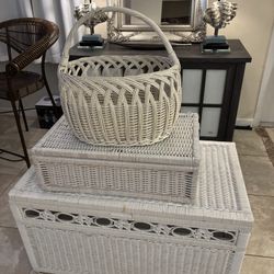 Vintage White Wicker Storage Set – 3 Pieces (Chest, Organizer & Basket)