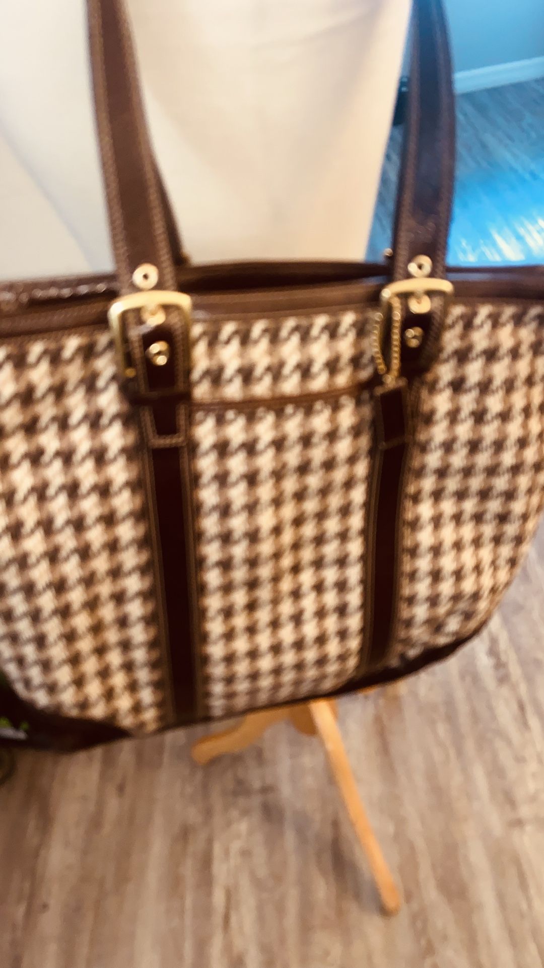 Coach F10199 Large Legacy Brown Houndstooth Wool Tote w/Leather & Suede Trim