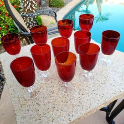 Ruby Red Vintage Goblets/Glasses with Clear Beaded Stems, Beautiful & Elegant! Each or 11-Piece Set 