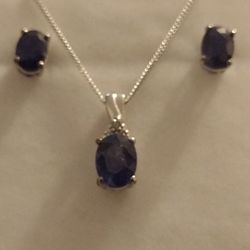 Dark Blue Sapphire Necklace Set With Earrings In Silver.