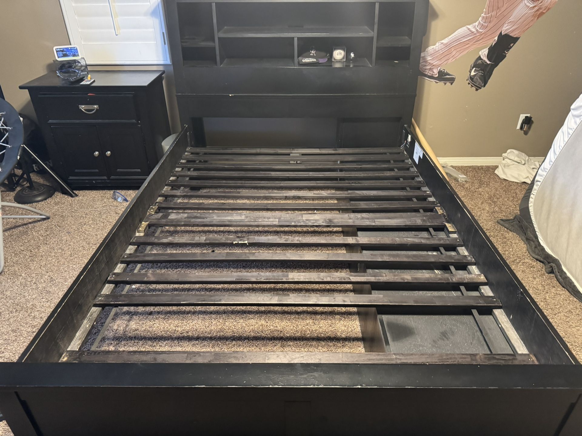 Modern Black Full-Size Bed Frame with Storage & Headboard Shelves