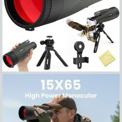 15x65 Monoculars for Adults High Powered - Monocular Telescope with Phone Adapter & Tripod - Super Bright Waterproof Monocular with BAK4 Prism & FMC L