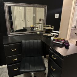 makeup vanity (black and gold) with charging station and mirror 