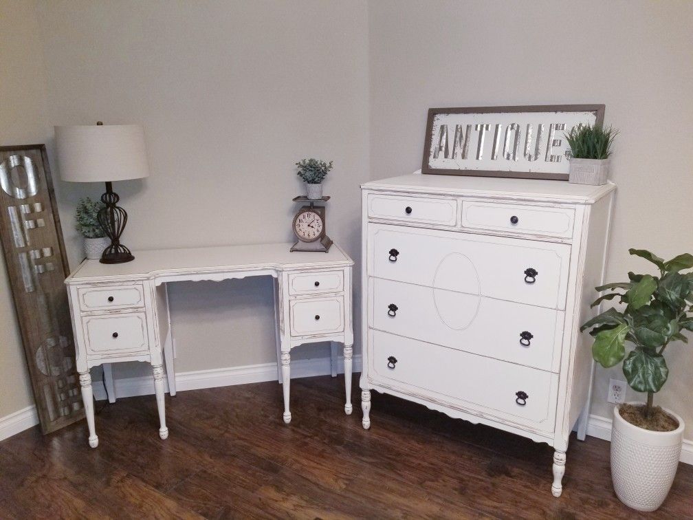 Farmhouse/Rustic Distressed White Dresser and Desk set