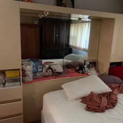 White Dresser with mirror/ Nightstand Plus/ Large Headboard With Mirror, Storage and Dresser Built in 