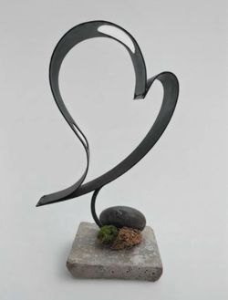 Abstract Metal Heart Sculpture with Stone Base