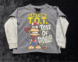 Boy XS Y2K Hybrid Crazy Monkey Caution Tons Of Trouble Long Sleeve Tshirt