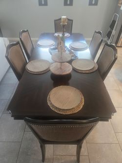 Dark Wood Dining Table with 6 Upholstered Chairs