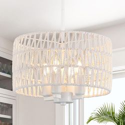 11" Boho Small Rattan Chandelier for Dining Room White Wicker Farmhouse Pendant Light 154