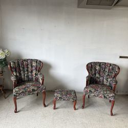 Vintage Floral Accent Chairs with Matching Footstool – Set of 3