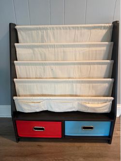 Kids swing bookcase with storage bins