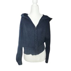 Lululemon Full Zip Jacket Ribbed Knit Blue M Cardigan Sweater Hooded dimensions pit-pit 21", shoulder-cuff 26", shoulder-bottom hem 21.5" (0091)