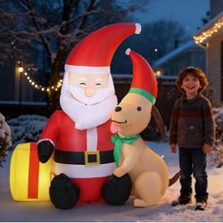 Brandnew 5FT Christmas Inflatable Santa Claus with Gift Box and Puppy, Christmas Blow Up Yard Outdoor Decor with Build in LEDs, Xmas Inflatables for H