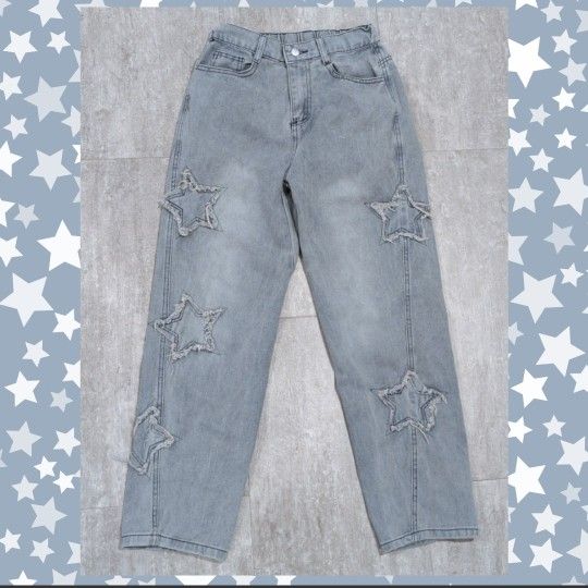 Y2K Distressed Blue Star Straight Leg Pants Size S