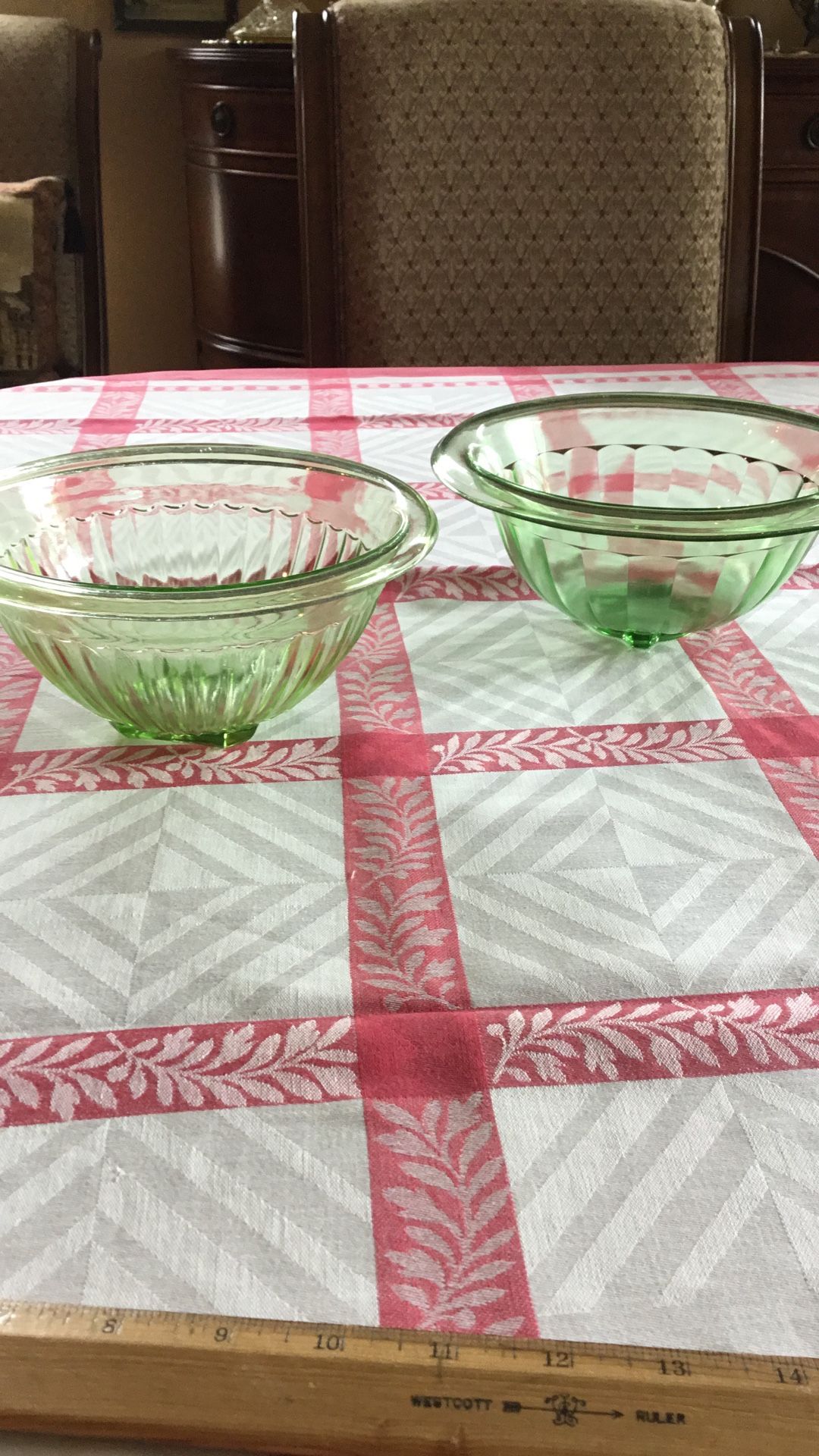 Two Green Depression Ware Glass Bowls Rolled Rim Free Of Chips Cracks