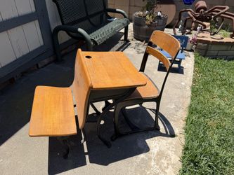 Vintage Wood School Student Desk With Attached Cast iron Frame With Chair