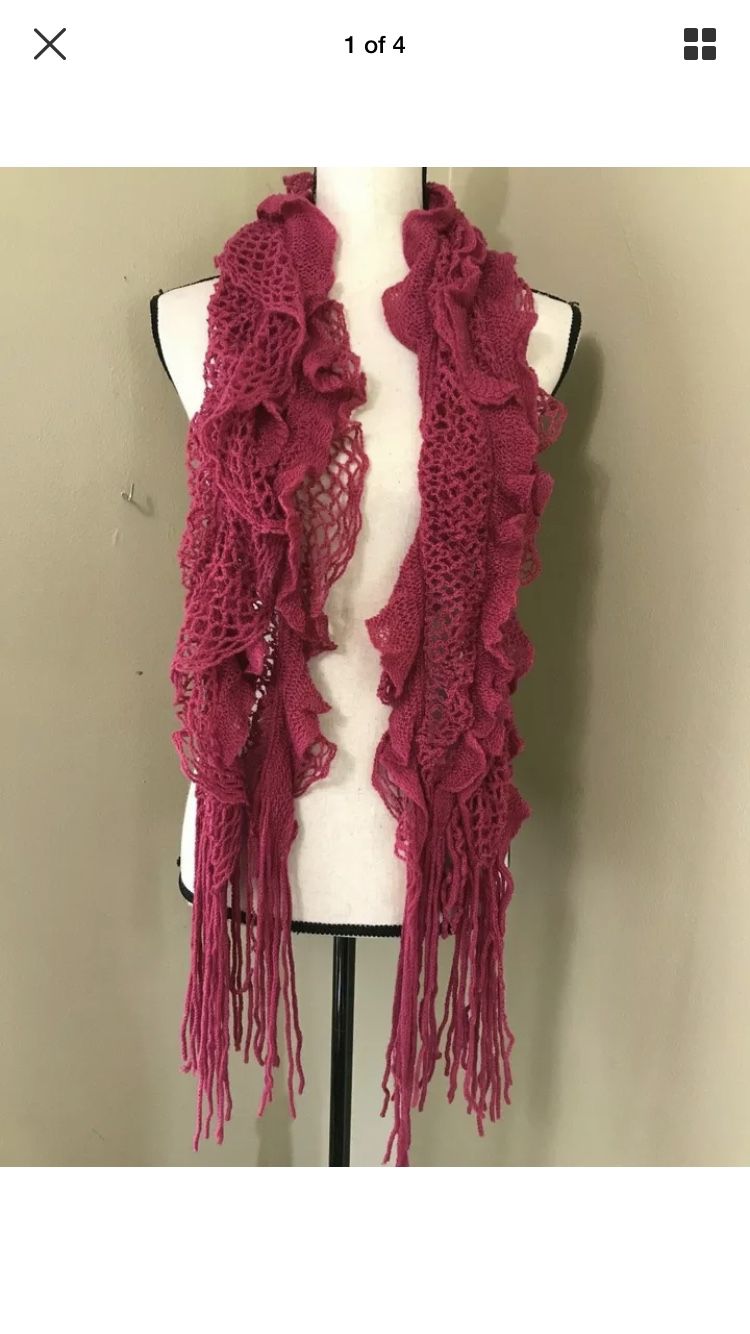 Dark Pink Fuchsia Ruffle Acrylic Crochet Knit NECK SCARF wrap shawl boho fringe