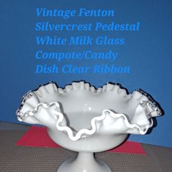 Vintage Fenton Silvercrest Pedestal White Milk Glass Compote/Candy Dish Clear Ribbon Rare Find-$33