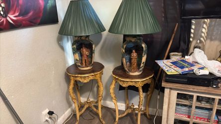 Two end tables with two native cultural lamps