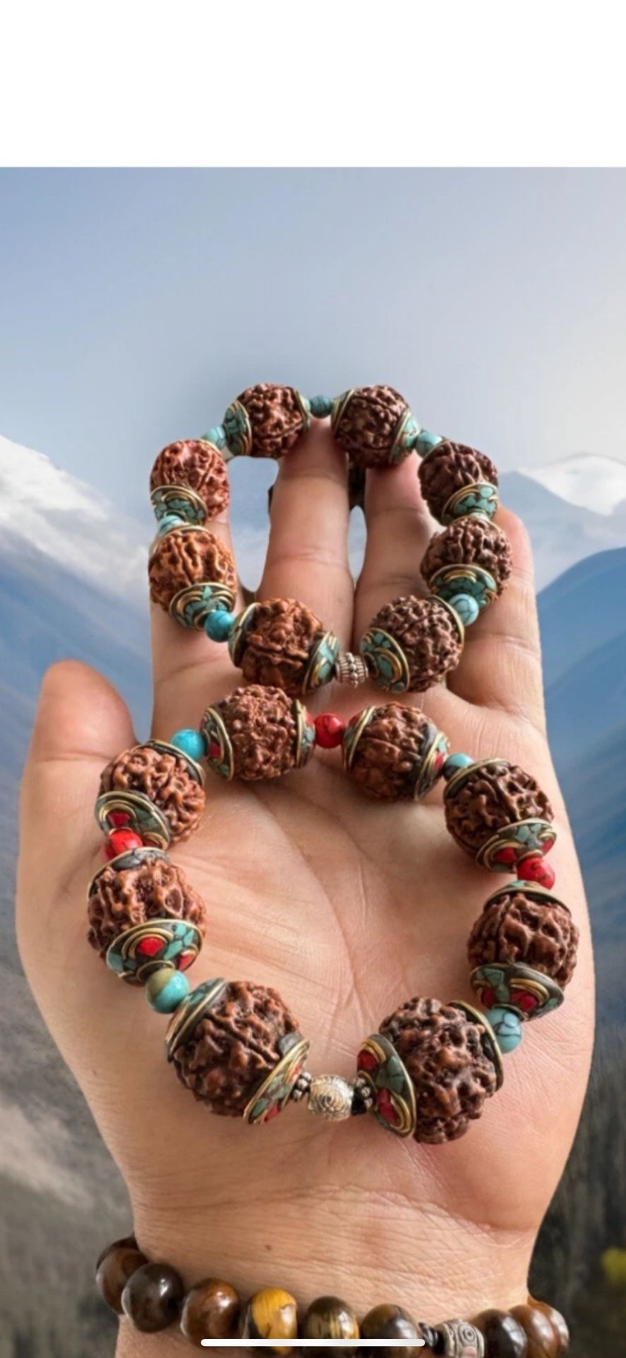 Vintage 2 Rudraksha Beads Yoga Bracelets Inlay With Coral & Turquoise With Stretchable Strings.