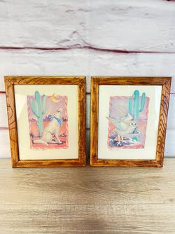 P. Brent Southwestern Art Coyote Owl Cactus 2pc