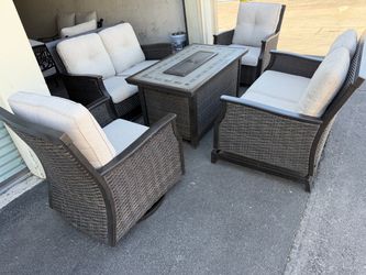 Patio,Outdoor furniture,2 Swings Love seat,2 Rocking and swivel chairs,Cushions,Fire pit.