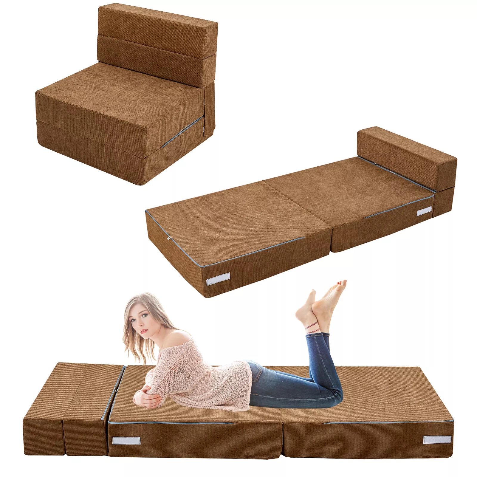 Brown MOPHOTO Folding Sofa Bed Guest Sofa Bed Fold Out Couch Mattress 63x25.6x6 in