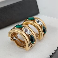 Swarovski Emerald & Clear Clip on Earring Hoops, Emerald Green Rhinestones, Gold Plated, 1980s Vintage 