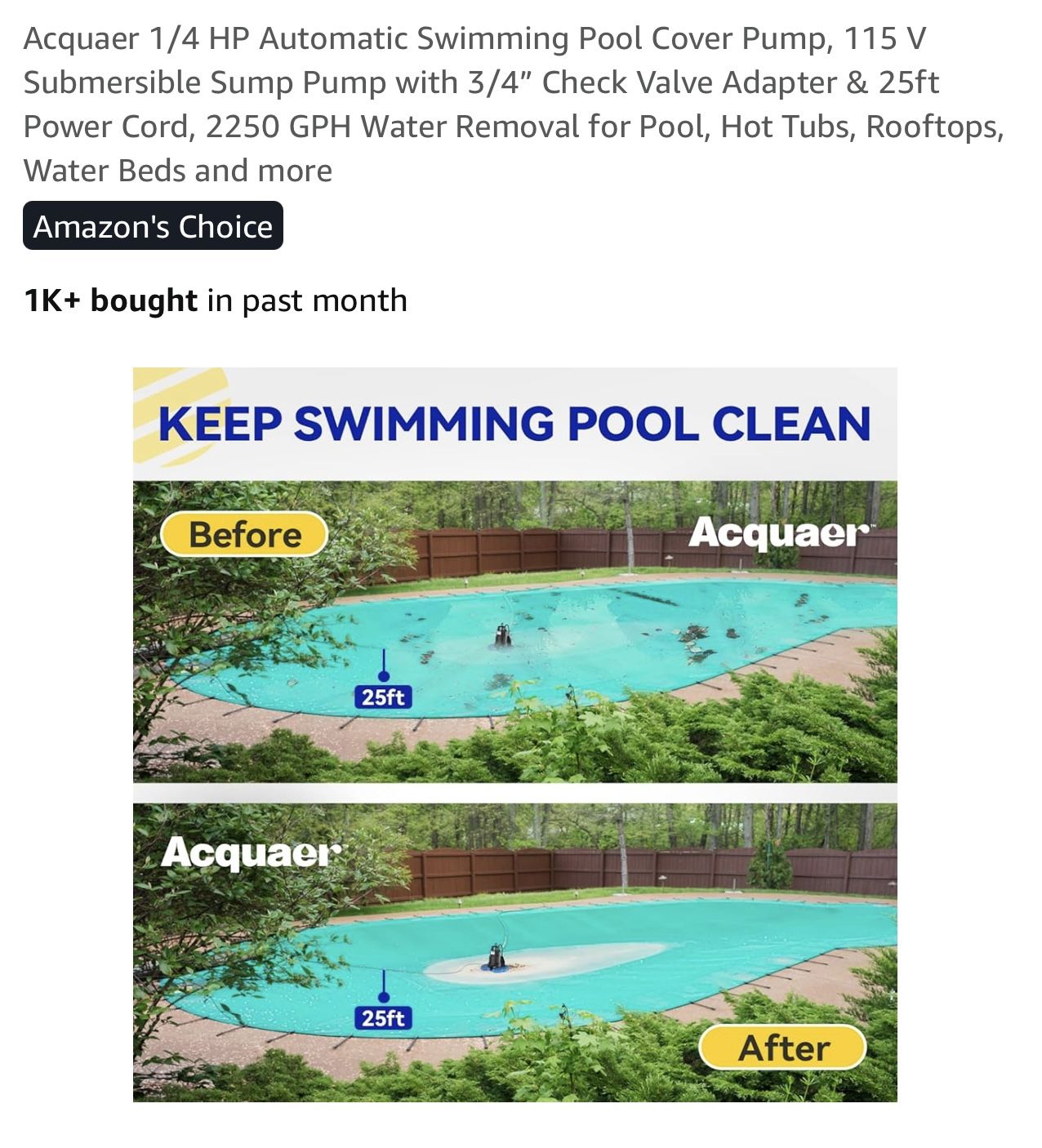 Acquaer 1/4 HP Automatic Swimming Pool Cover Pump, 115 V Submersible Sump Pump with 3/4” Check Valve Adapter & 25ft Power Cord, 2250 GPH Water Removal