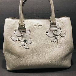 Kate Spade Larchmont Floral Appliqué Evangelie Gold leather Tote 12”-9”-6”. 