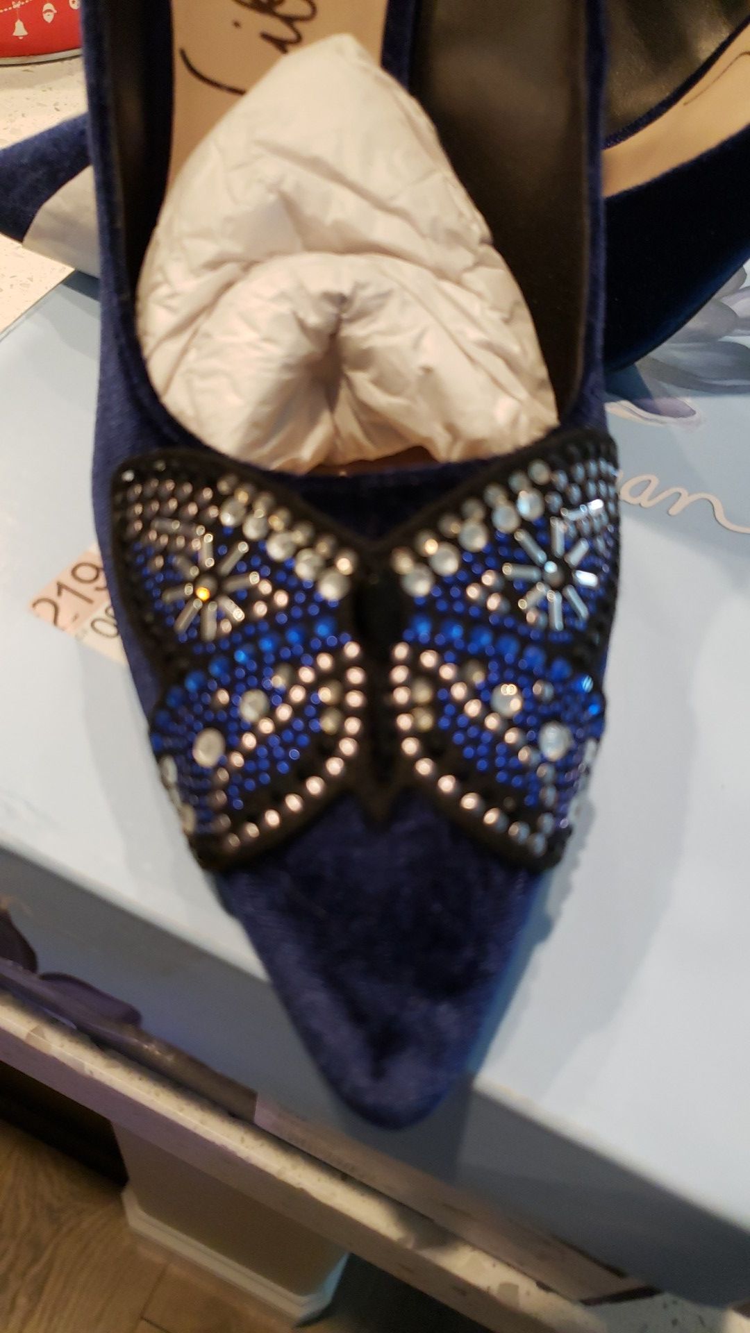 Navy Blue Velvet Sequined Butterfly 4" Heels Brand New Never Worn Size 11