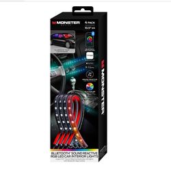 Monster Basics Bluetooth Car Interior Lights, Sound-Reactive Multi-Color RGB Lights, 4-Pack