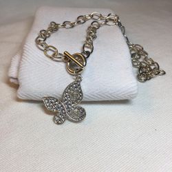 Silver Tone Rhinestone Butterfly Necklace 