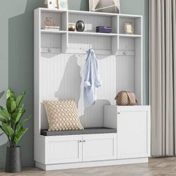 NEW White Modern White Freestanding Hall Tree with Cushioned Storage Bench, 3-Hooks and Shelves