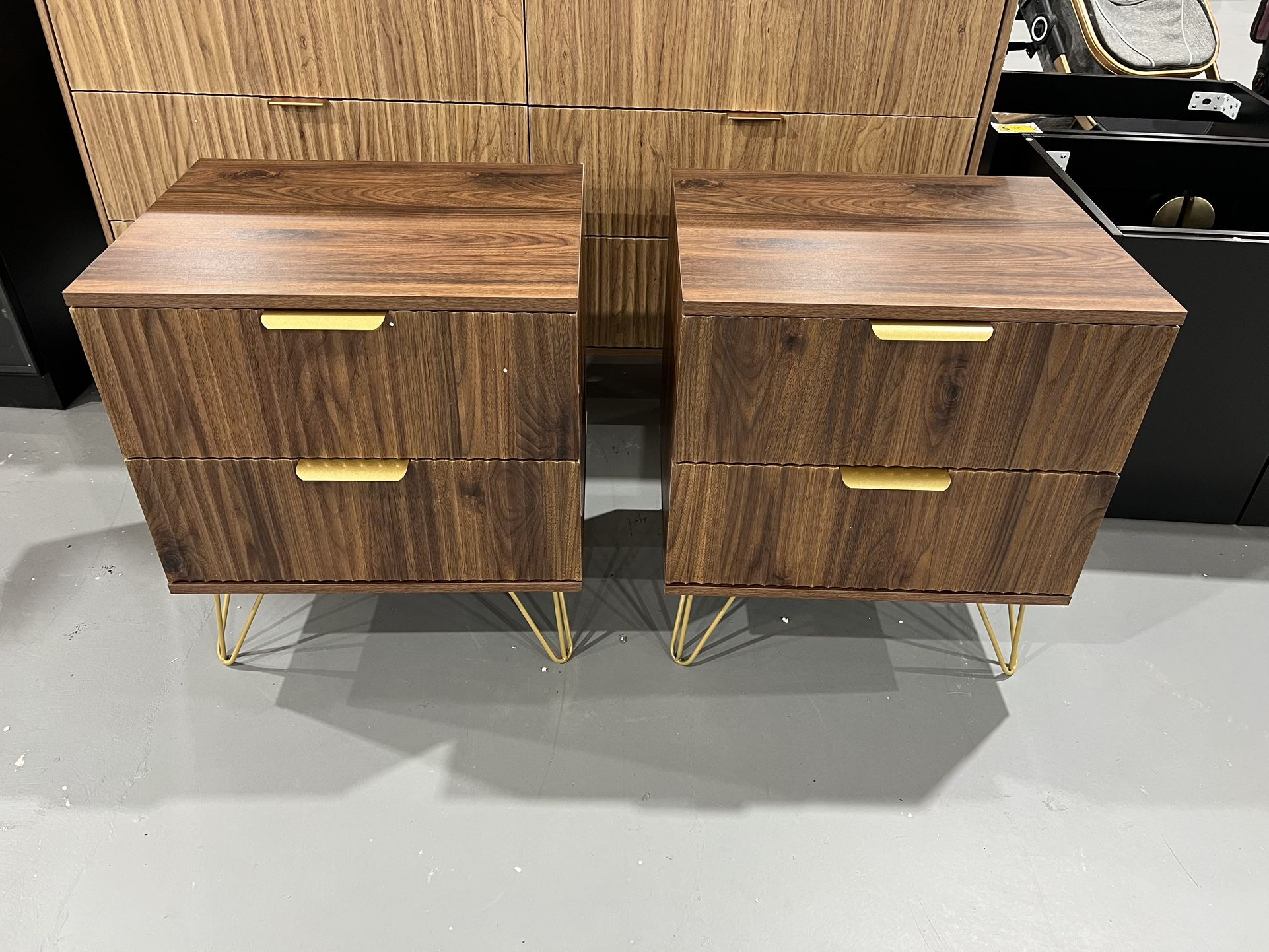 M-New Set of 2 Nightstand, Mid Century Modern Night Stand Bedside Table with 2 Storage Drawer, Bed Side End Table with Golden Handles and Legs for Bed