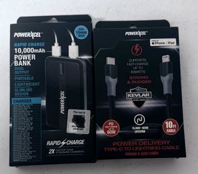 PowerXcel 10,000mAh Power Bank + 10ft Type-C to Lightning Cable Set, New in Package