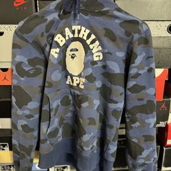BAPE Color Camo College Pullover Hoodie Navy/Blue size M USED But Clean