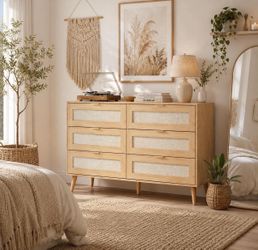 Rattan Dresser for Bedroom, 6 Drawer  Boho , Chest of Drawers, TV Stand for 55 inch TV, , Light Oak H-65