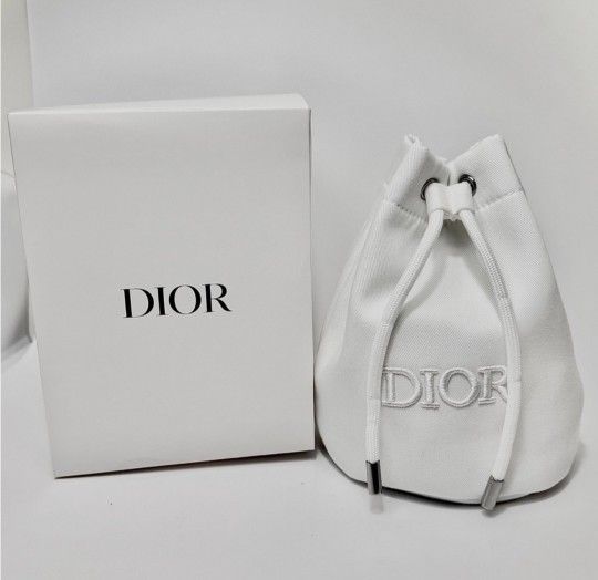 Dior White Twill Drawstring Pouch Makeup Bucket Bag Logo