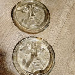 PENDING SALE 2 Vintage CLEAR ART GLASS MOON FACE PAPERWEIGHTS DISK SHAPE OLD GLASS