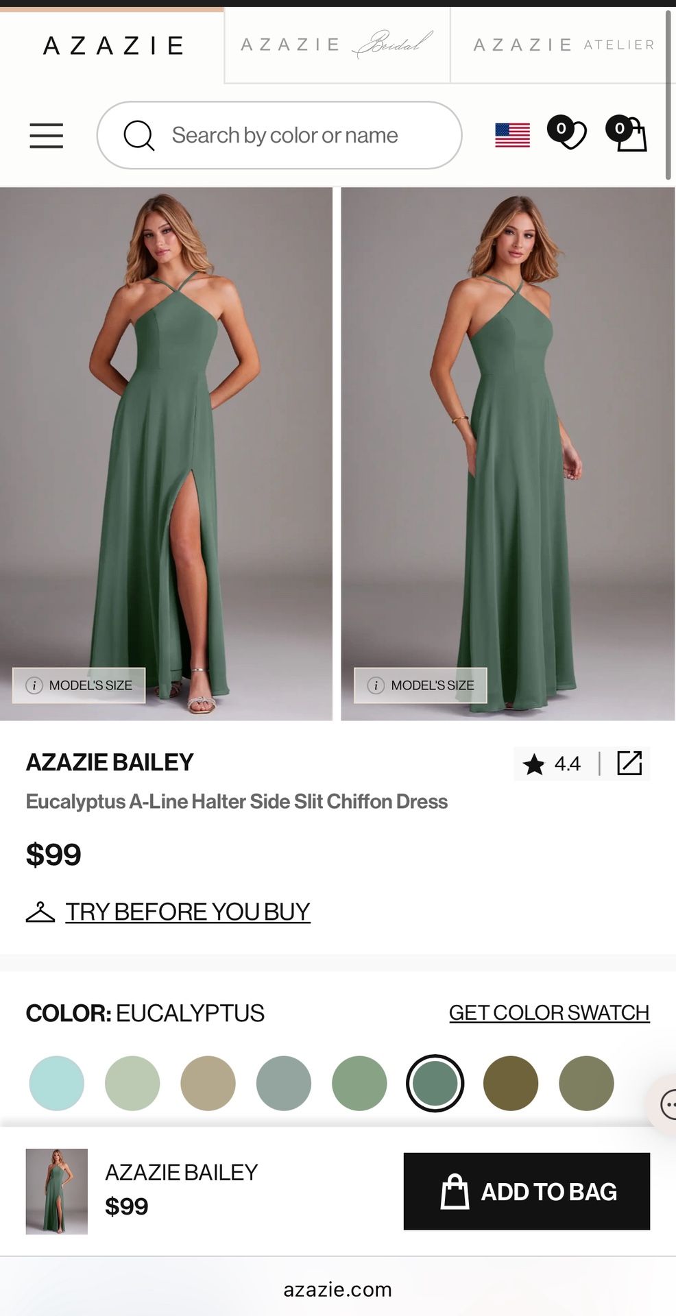Azazie Bailey Eucalyptus Bridesmaid or Prom Dress