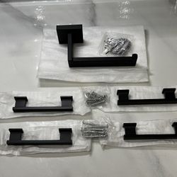 Matte Black 4 Cabinet Pulls & 1 Toilet Paper Holder