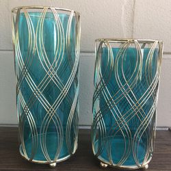 2 Teal Gold Footed Candleholders Hobby Lobby